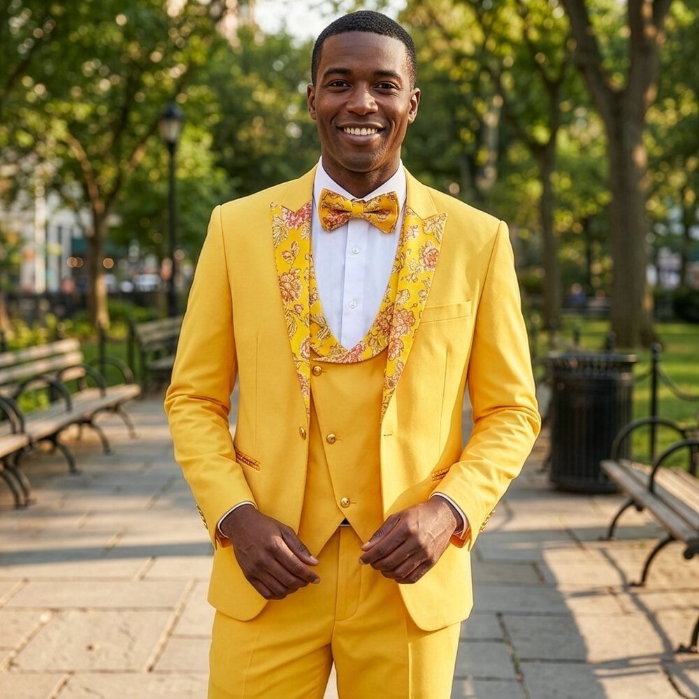 New 2026 Mens 3pc Solid Yellow Suit Set, Skinny Fit
